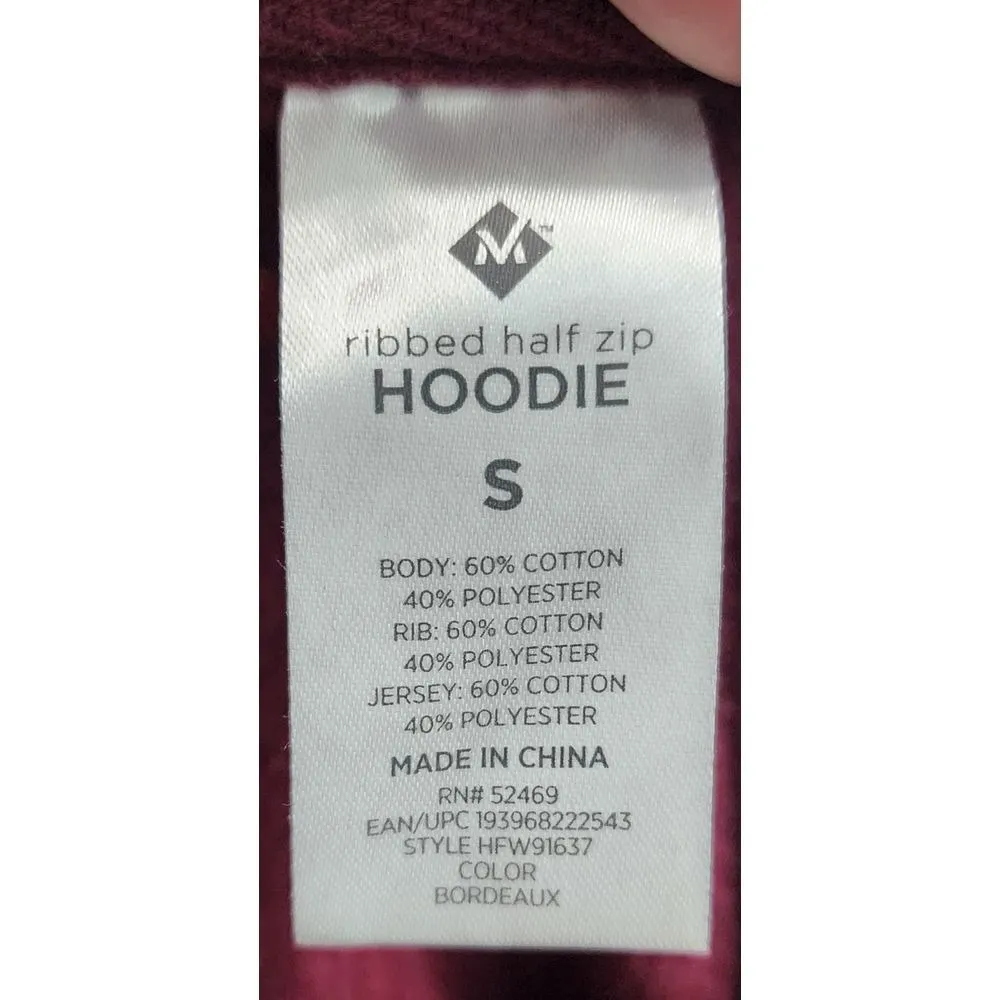 Memebers Mark Ribbed Half Zip Hoodie Burgundy Athleisure Casual Pullover Small Red - Image 3