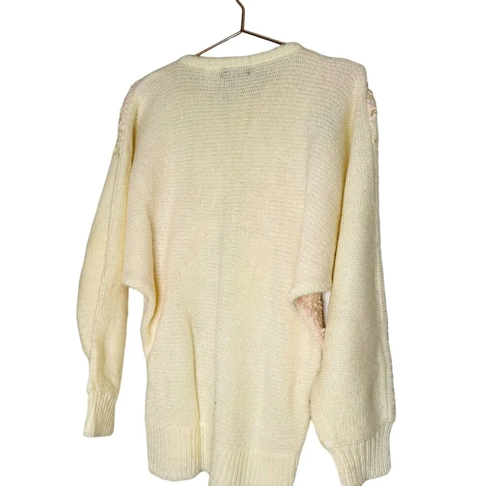 Vintage Grandma White Pink Crewneck Floral Embellished Design Sweater Size M Size M - Image 2