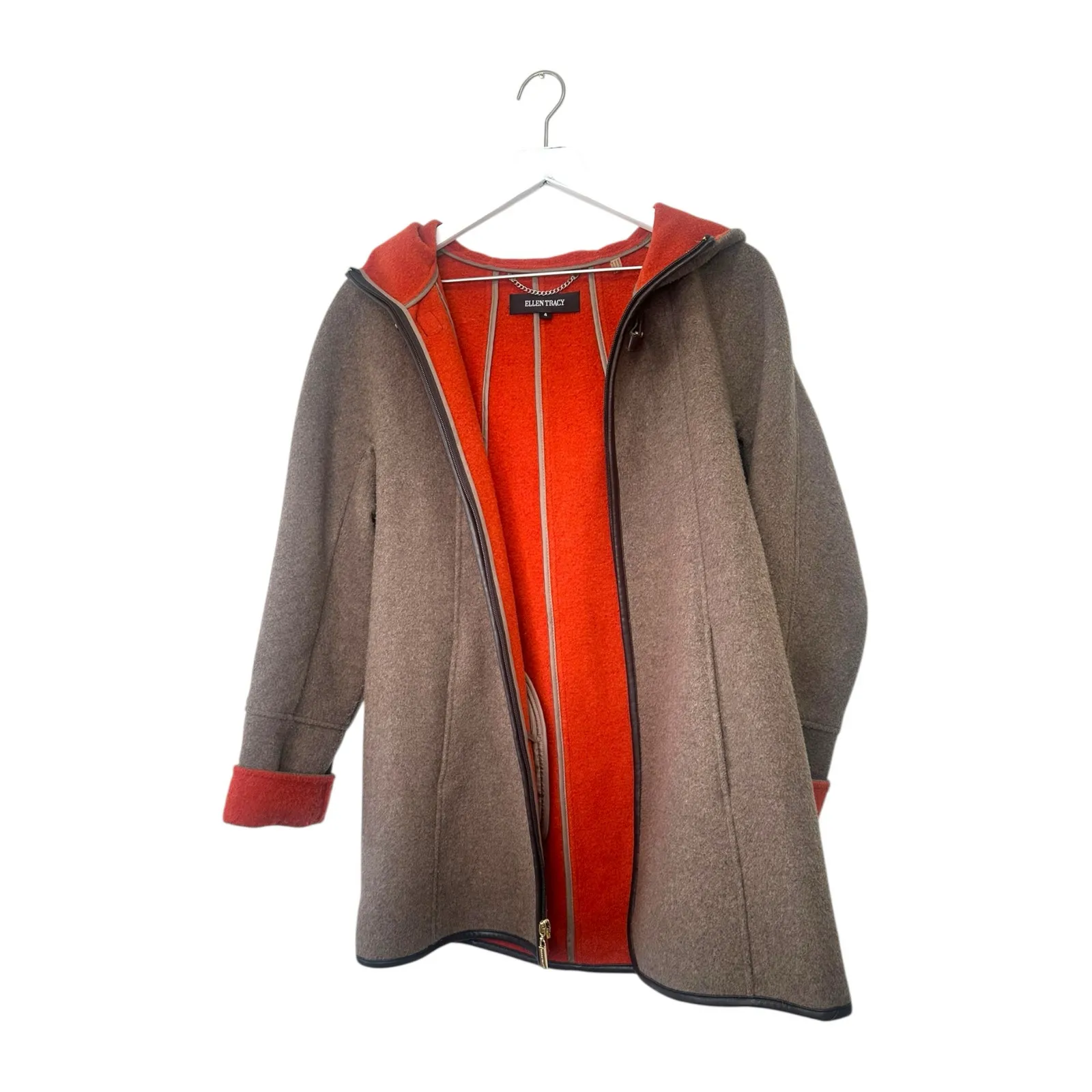 Ellen Tracy Wool Blend Hooded Car Coat Gray with Orange Lining Size 4 - Image 8