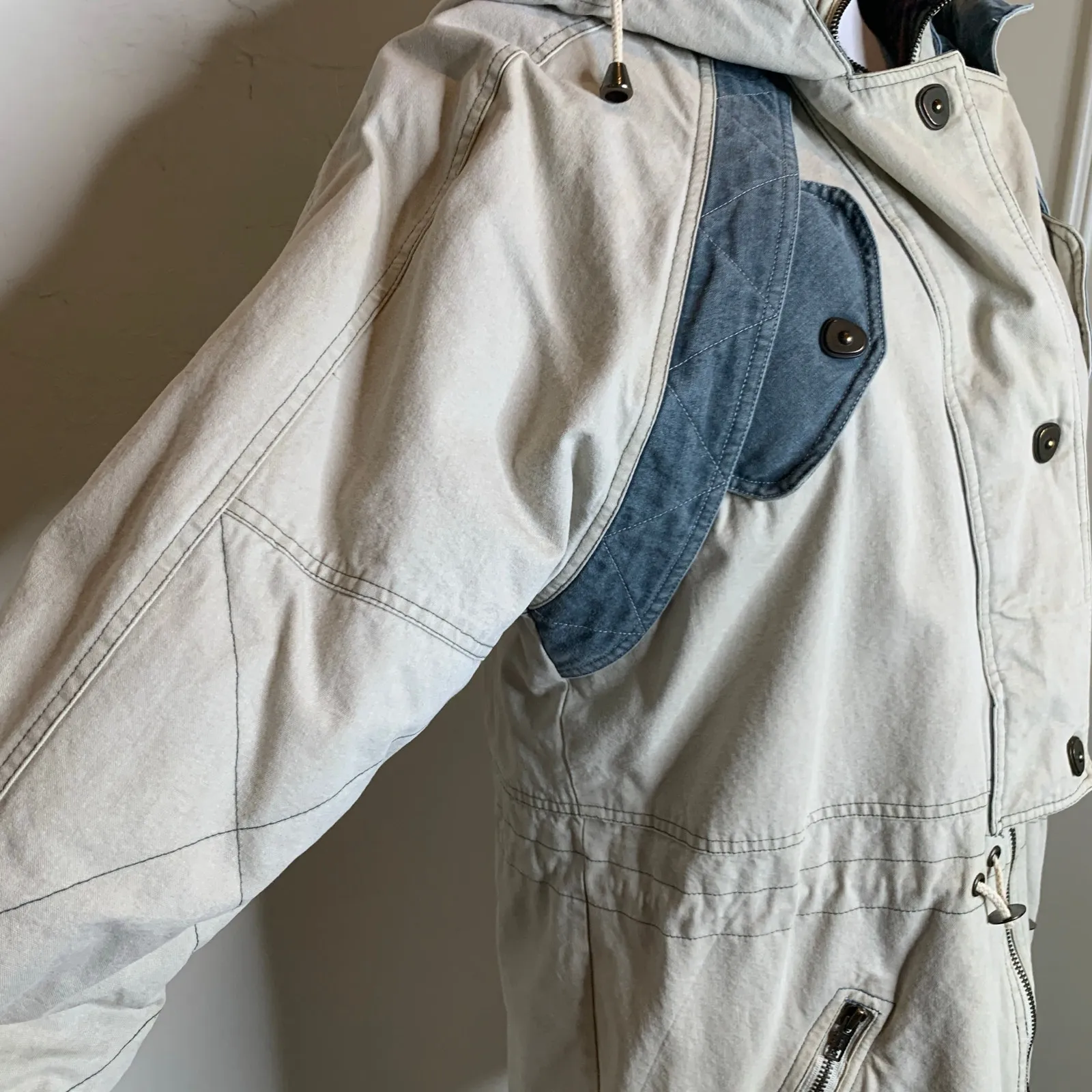 Vintage Fisherman Core Heavy Canvas Coat Tan Blue Sz Medium Hooded - Image 14