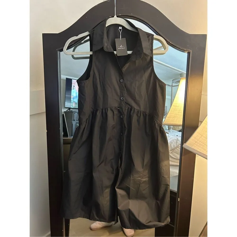 NEW Black Collared Shirt Dress Button Down Mini Dress Pockets M Blue Size M - Image 7