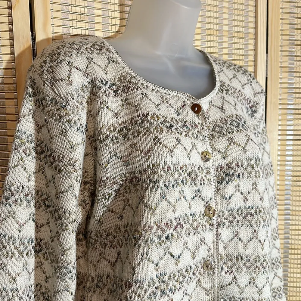 Reba Rose Vintage 1990s Y2K Beige Striped Cardigan Sweater 100% Cotton Small - Image 2