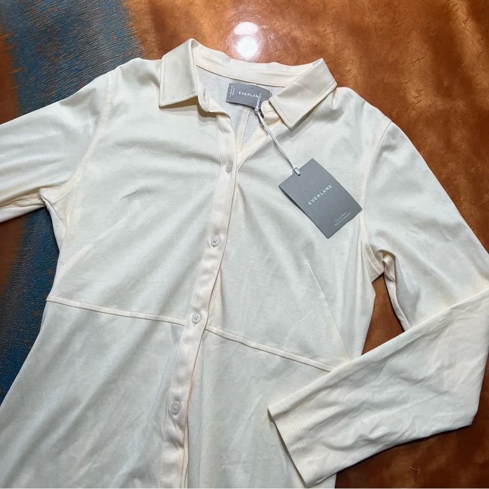 NWT Everlane Luxe Cotton Long Sleeve Button Front Dress Medium Cream colored - Image 4