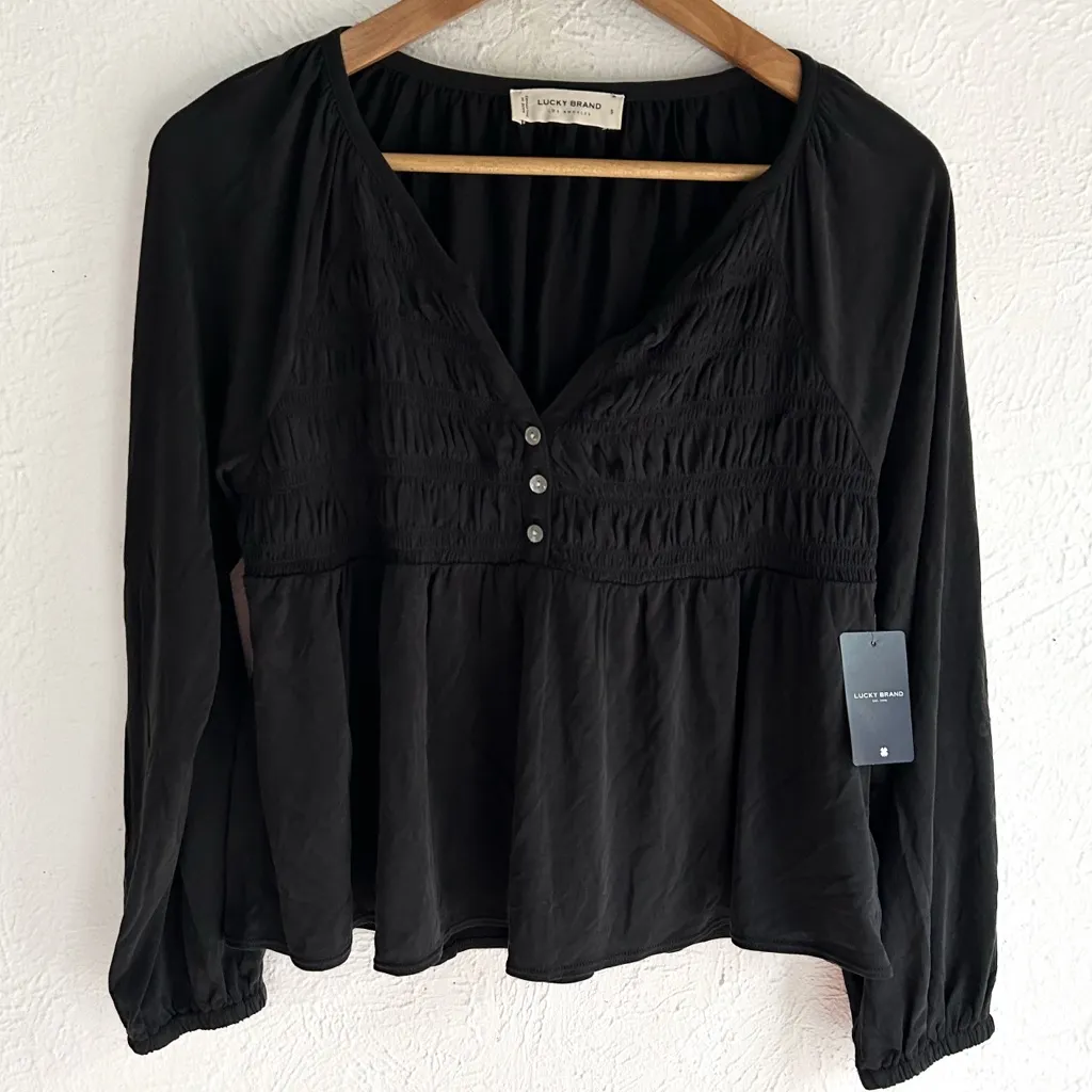 Lucky Brand Long Sleeve Smocked Sandwash Top Black Sz Small NWT modal - Image 3