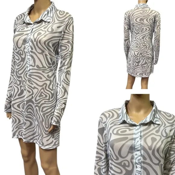 White Gray Swirl Stretch Mesh Semi Sheer Long Sleeve Half Button Up Mini Dress S - Image 2