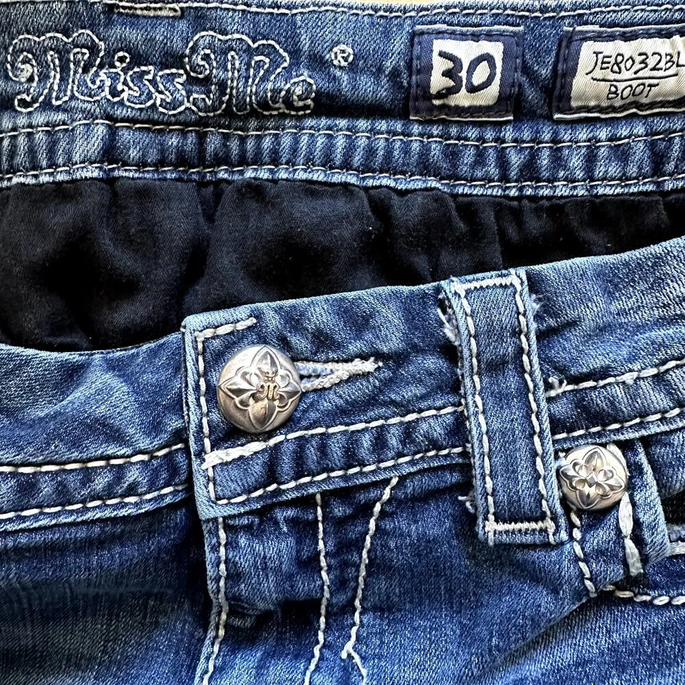 Miss Me Embellished Boot Stretch Jean Rhinestone Patch Medium Wash Blue 30x33 - Image 5