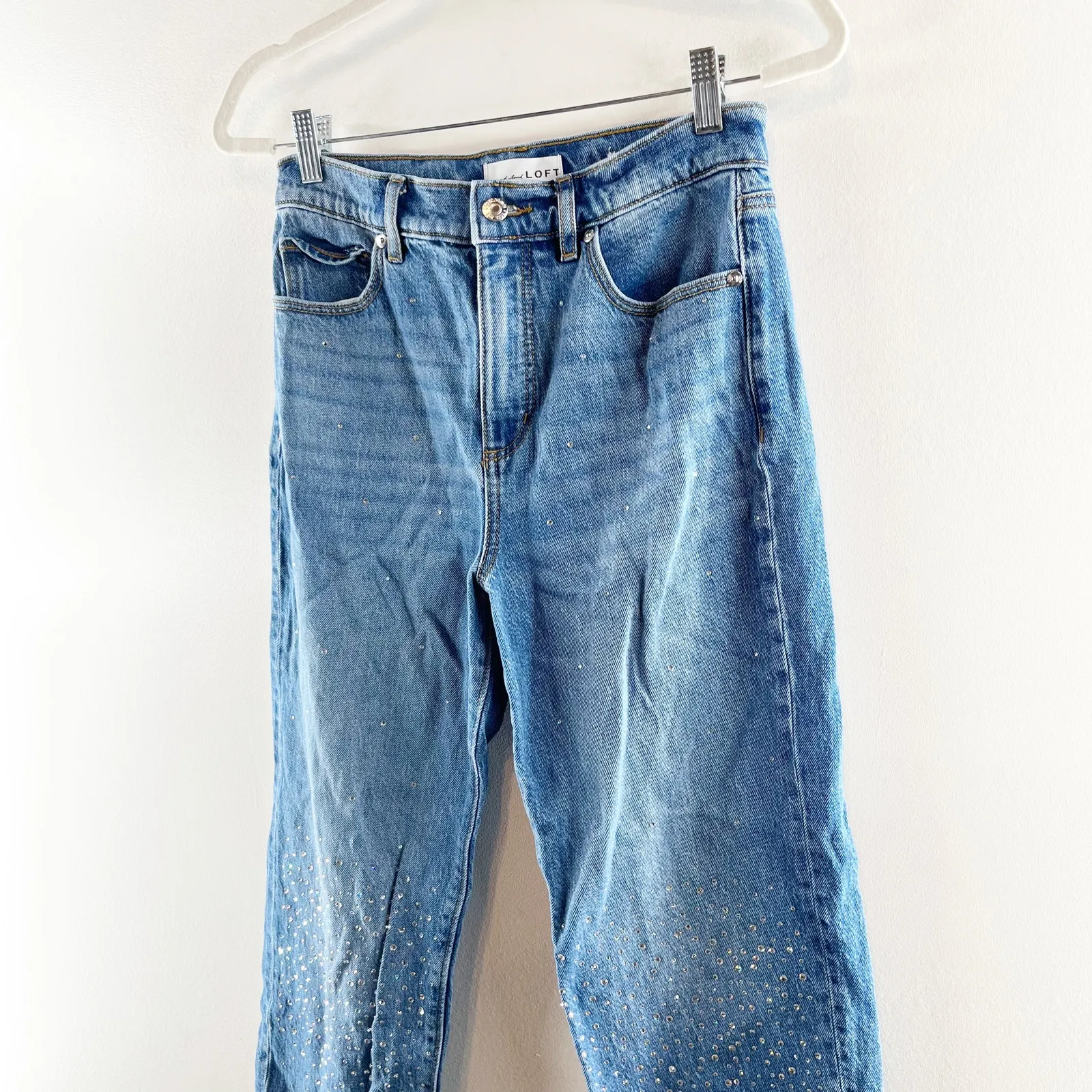 LOFT High Rise Straight Leg Raw Frayed Hem Rhinestone Jeans Blue 2 / 26 - Image 7