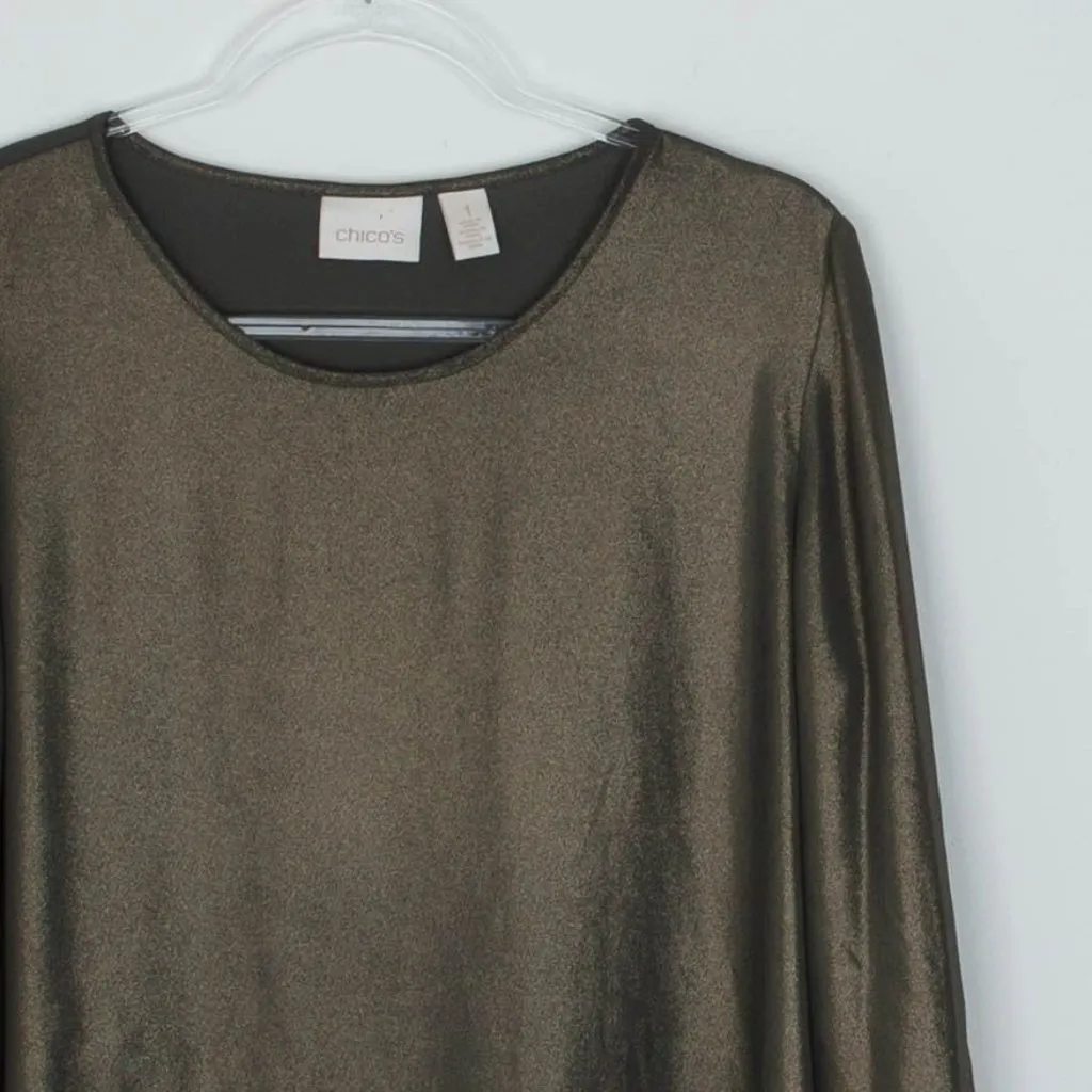 Chicos Womens Metallic Lace‎ Shark Bite Top Size M 1 Green 3/4 Roll Tab Sleeve - Image 2