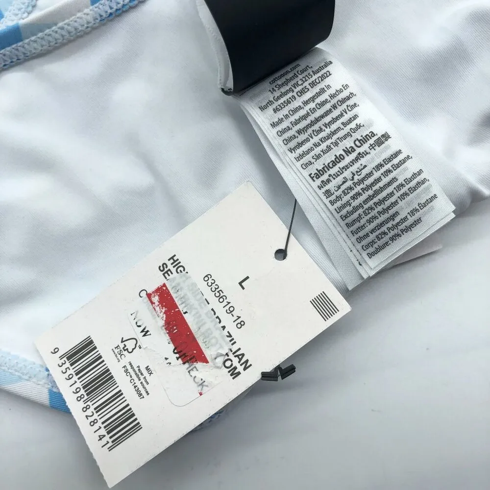 Cotton On Body High Side Brazilian Seam Bikini Bottom Gingham Plaid Blue White L - Image 4