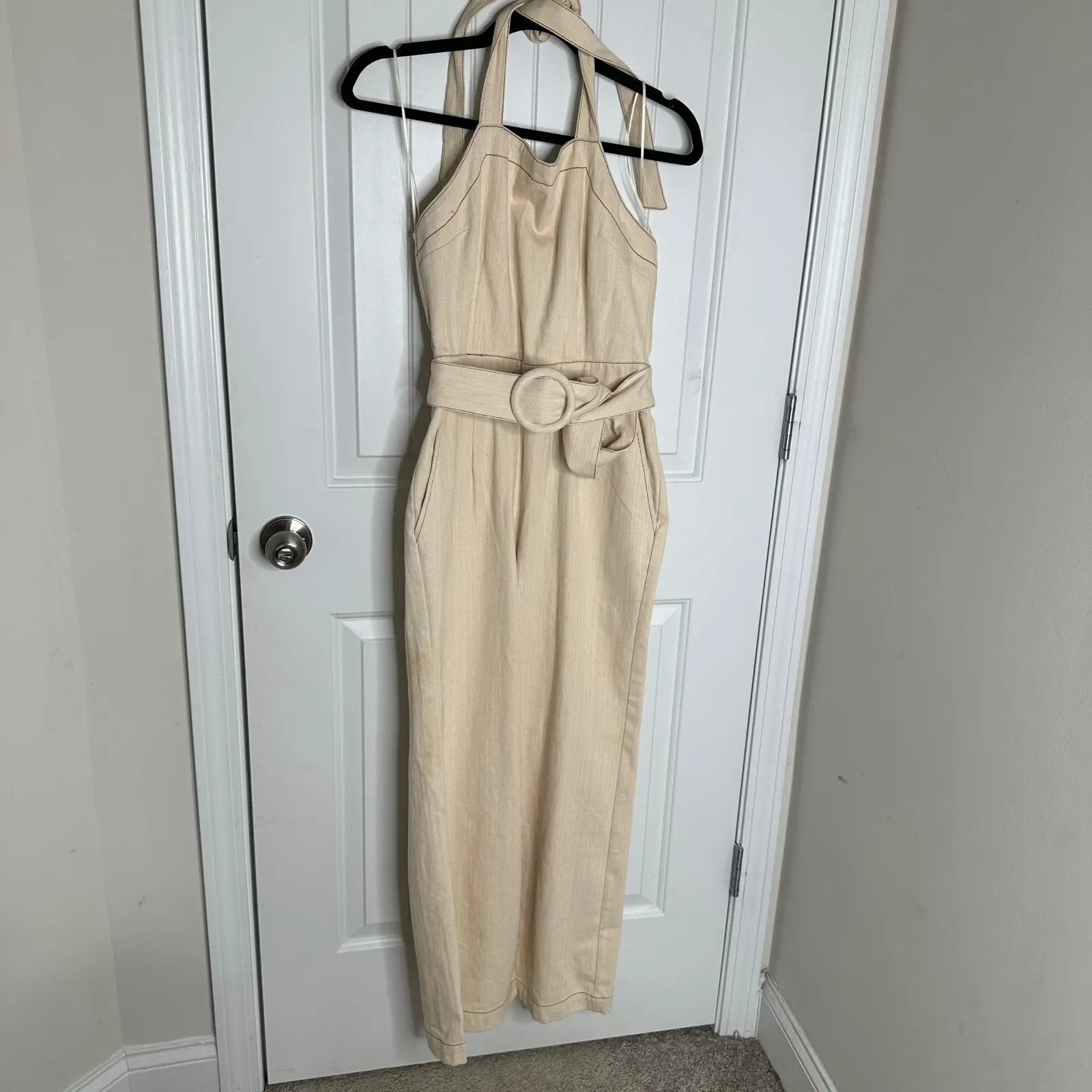 Anthropologie Moon River cream denim belted halter wide leg jumpsuit small chic‎ - Image 3