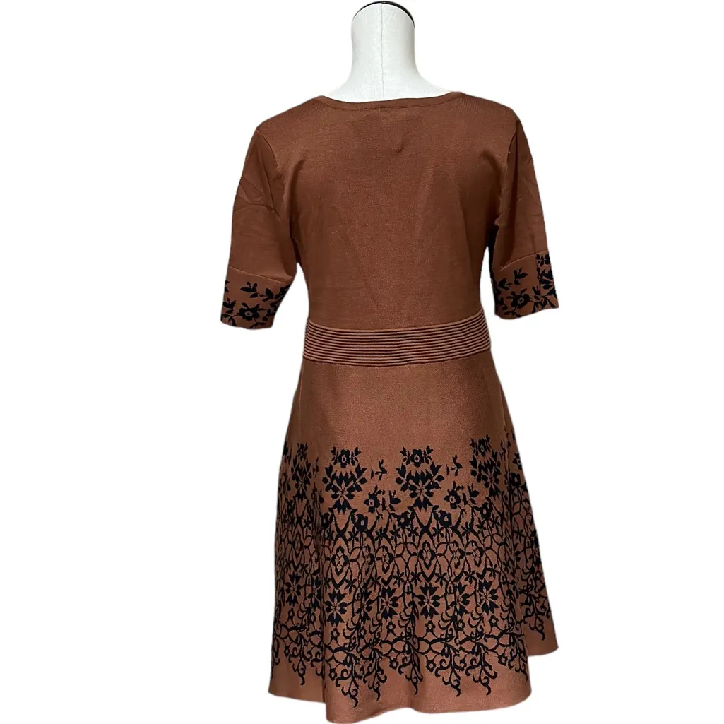 NWT NINA LEONARD FIT & FLARE FLORAL KNIT SWEATER DRESS IN COGNAC / BLACK Brown Size L - Image 6