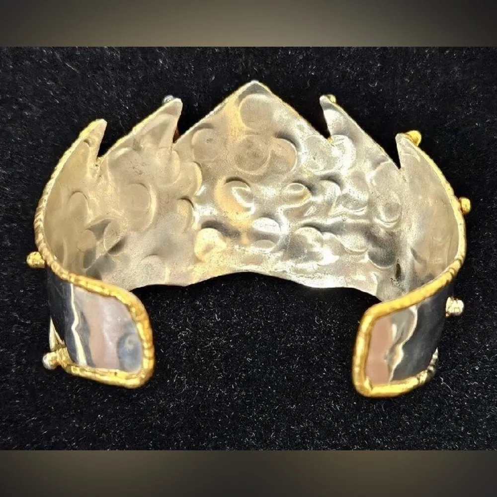 Vintage Brutalist Metalwork Cuff Bracelet Abstract Chalcedony Stone Mixed Media Multiple - Image 5