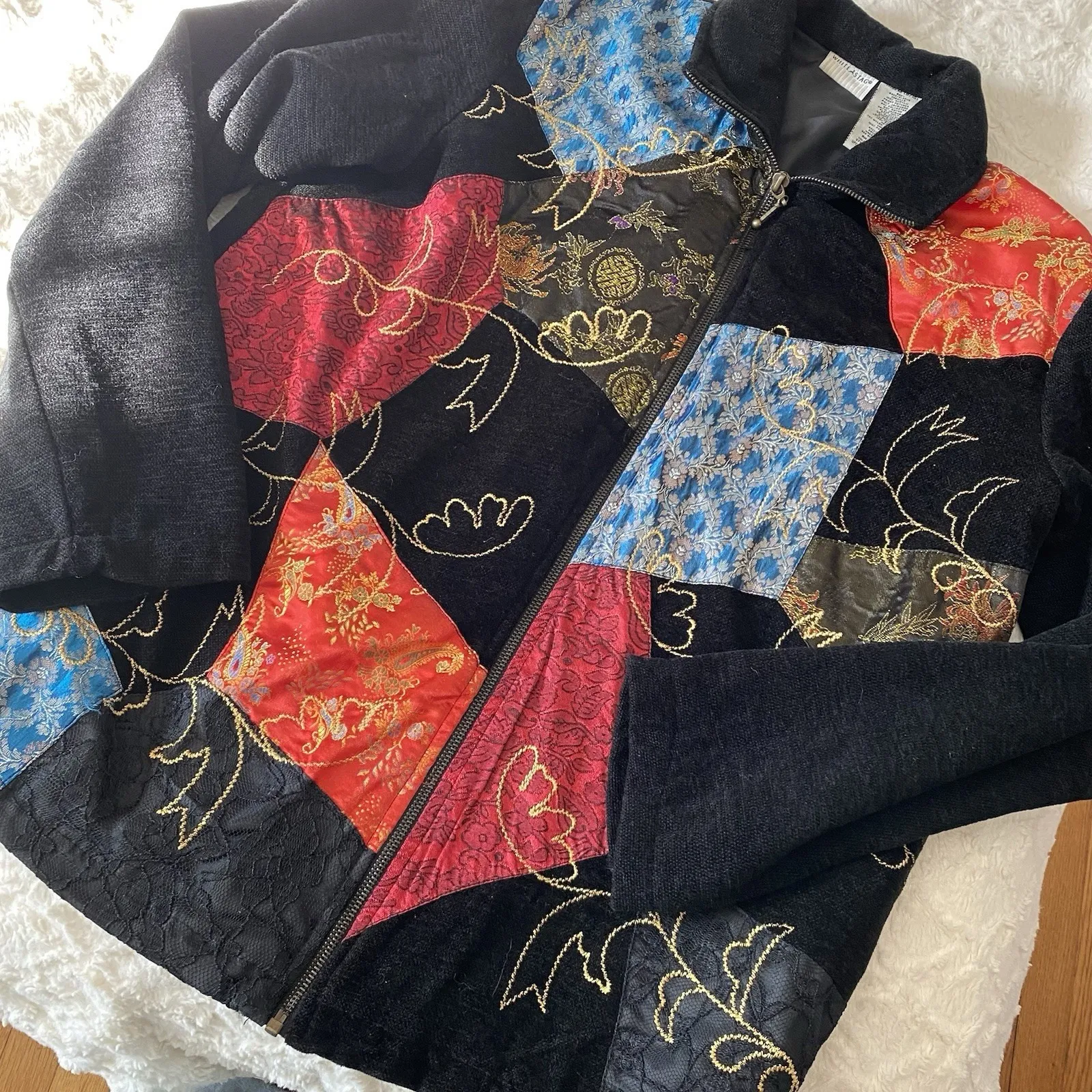 Vintage White Stag Tapestry Jacket Full Zip Dressy Medium Embroidered - Image 2