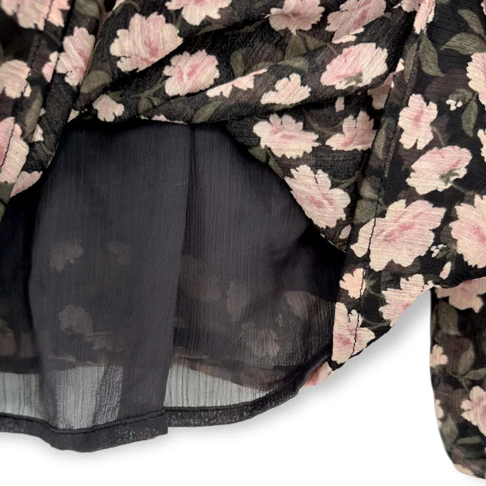 American Eagle | Small | Black w/ Pink Floral Print Chiffon Ruched Babydoll Top - Image 7