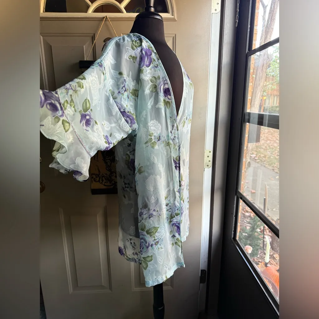 Vintage Y2K Secret Treasures sheer floral tank shorts set with robe, size large Blue - Image 11