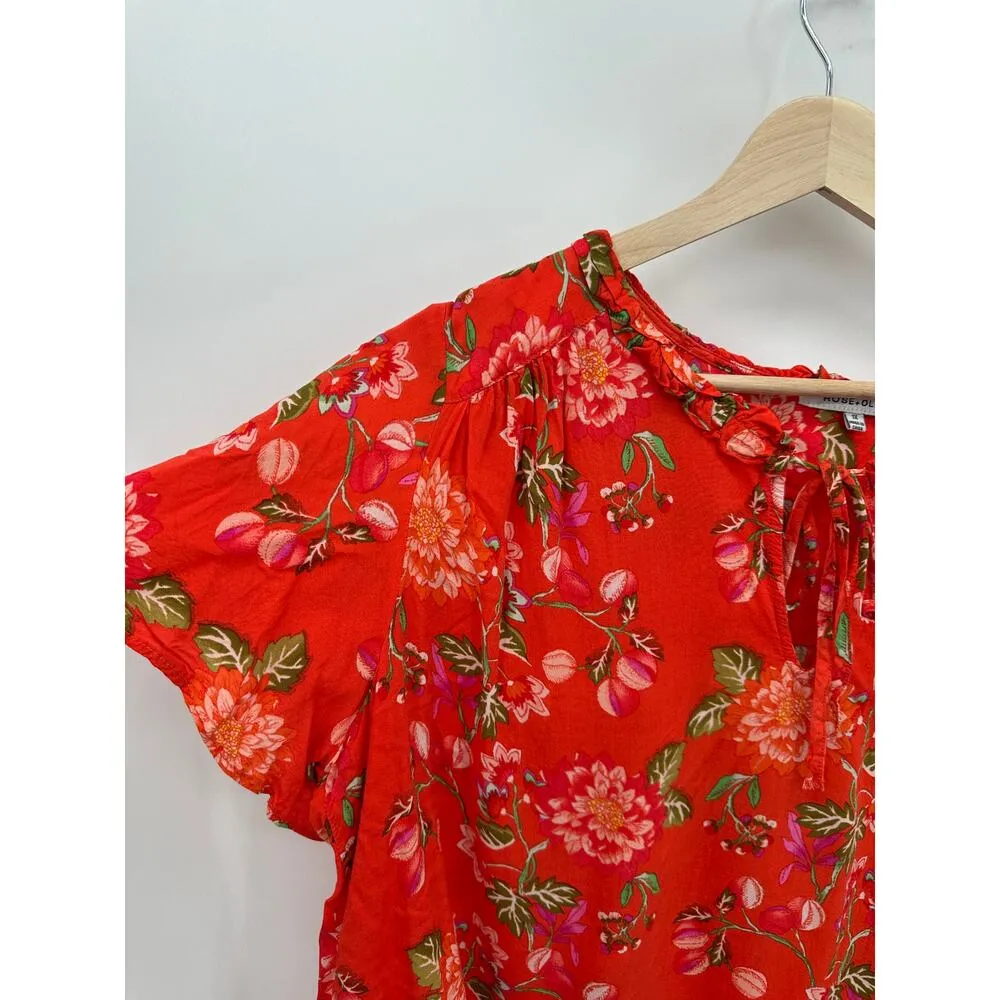 Rose + Olive Blouse Women 1X Red Floral Lightweight Short Sleeve Spring Summer - Image 3