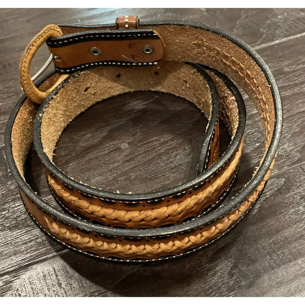 Braided Tooled Leather Brown Belt Womens Size 38”‎ Boho Chic Western Cowgirl - Image 2