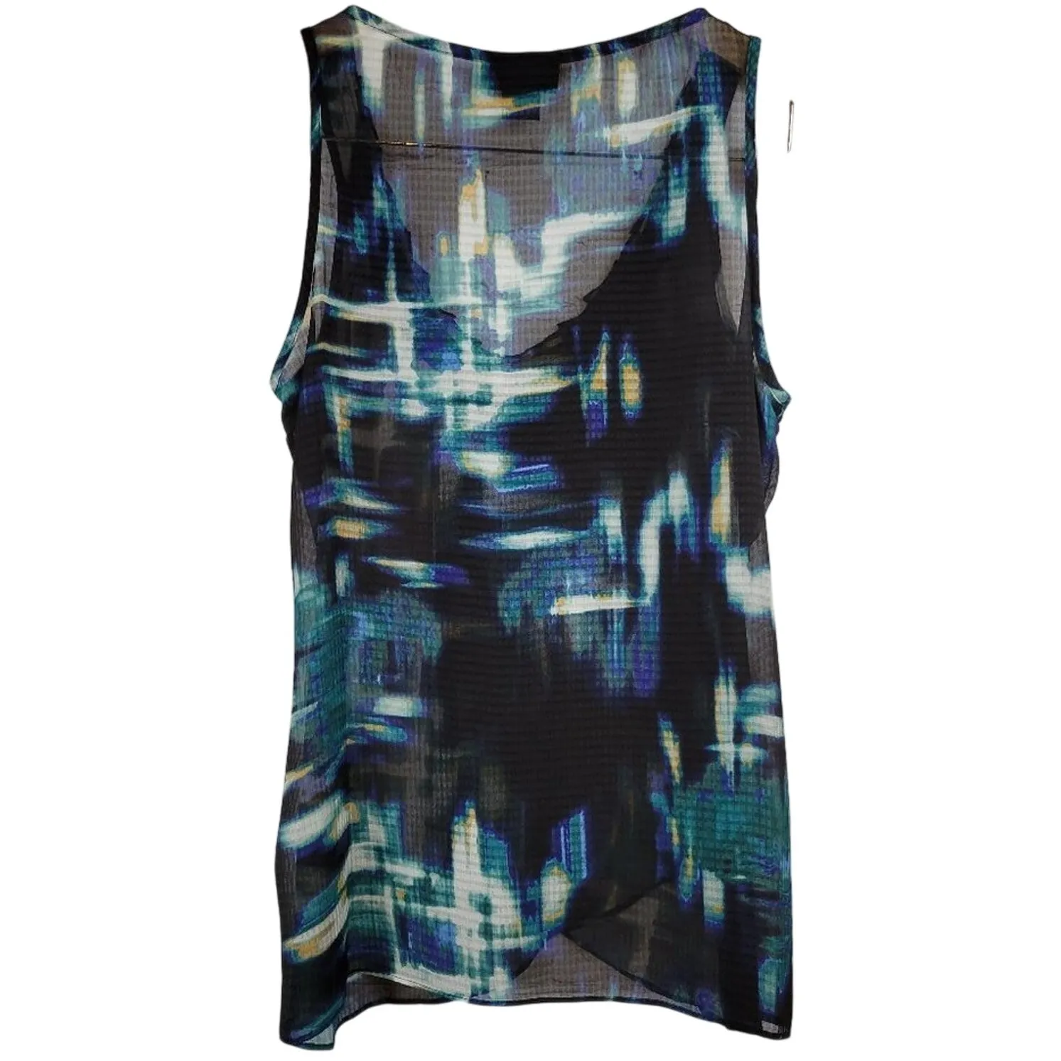 Apostrophe M Black Blue Green Abstract Print Sleeveless Ruffle Trim Tank Top - Image 3