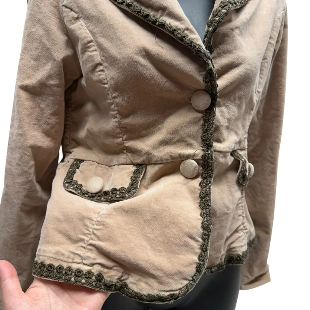 Y2K Be Good Corduroy Velvet Crochet Lace Trim Button Up Blazer Jacket Brown Size L - Image 2