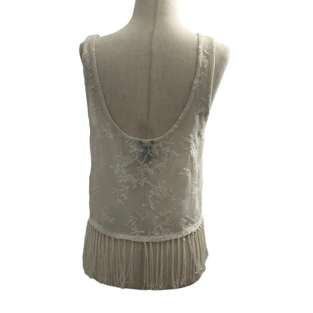 Forever 21 Women Sz Small Fringe Cream Sheer Top Summer Embroidered 18-696 - Image 3