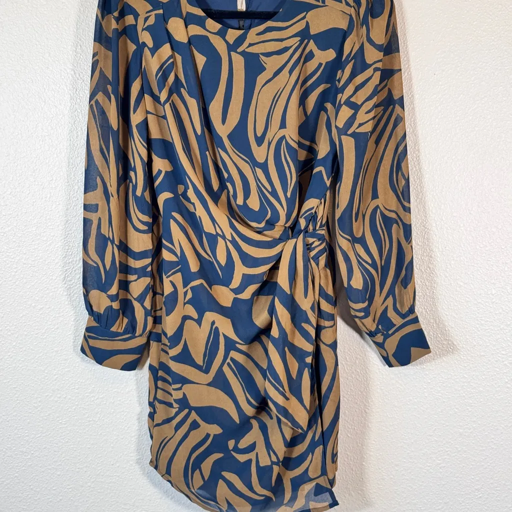 Dress Forum Brown Blue Floral Long Sleeve Mini Dress Womens S Classic Faux Wrap - Image 6