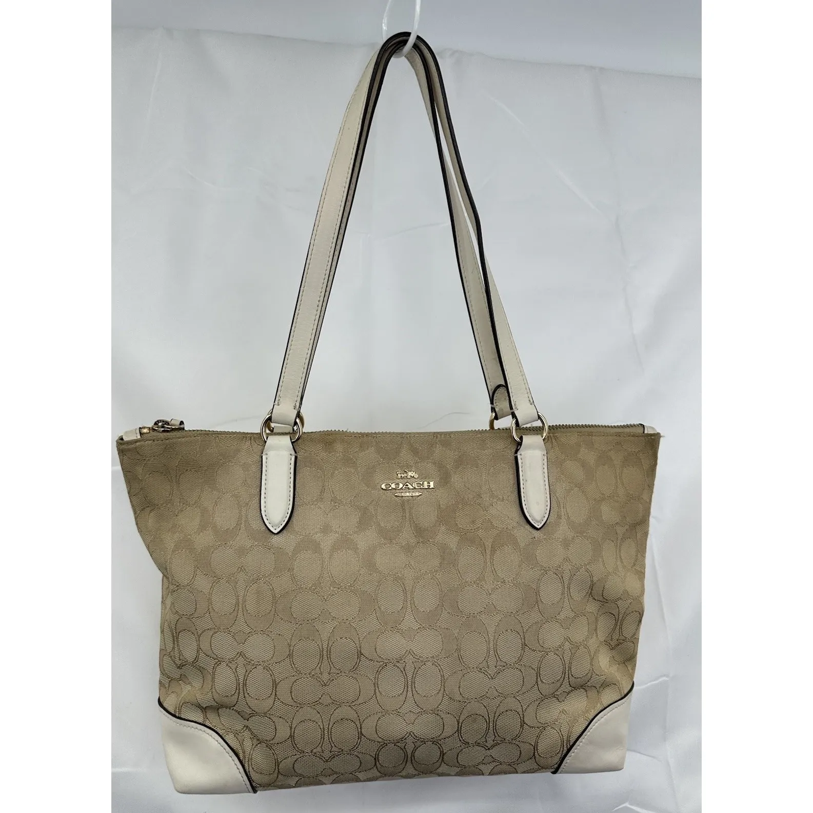 COACH Tote Purse F29958 Signature Canvas Leather Beige White Zipper  Shoulder - Image 14