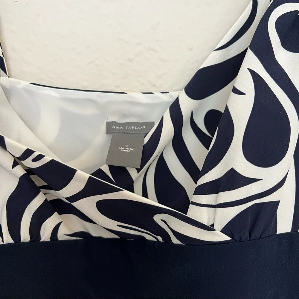 Ann Taylor  100% Silk Navy Blue White Abstract Spaghetti Strap Silk Dress - Image 9