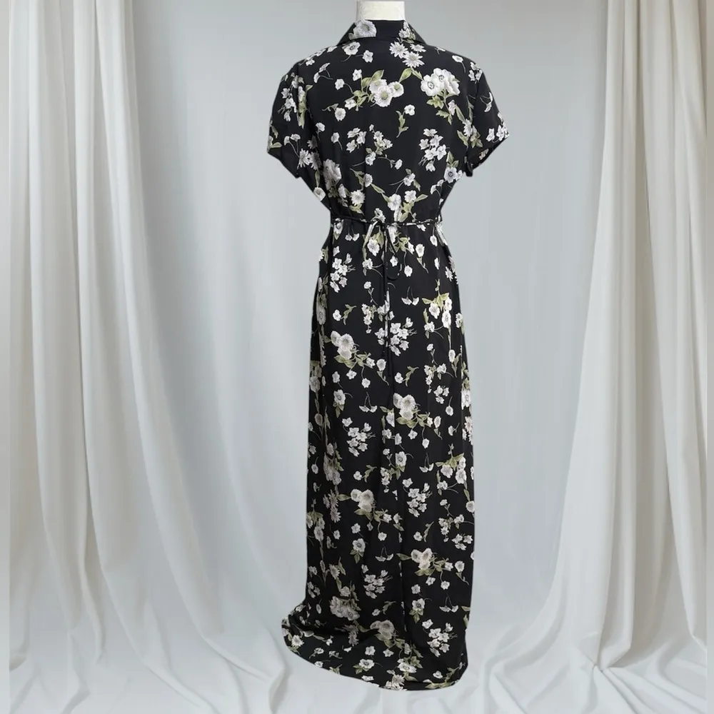 Vintage 90s B Moss Dark Floral Maxi Dress Women’s 13/14 Short Sleeve Collar Black Size undefined - Image 2