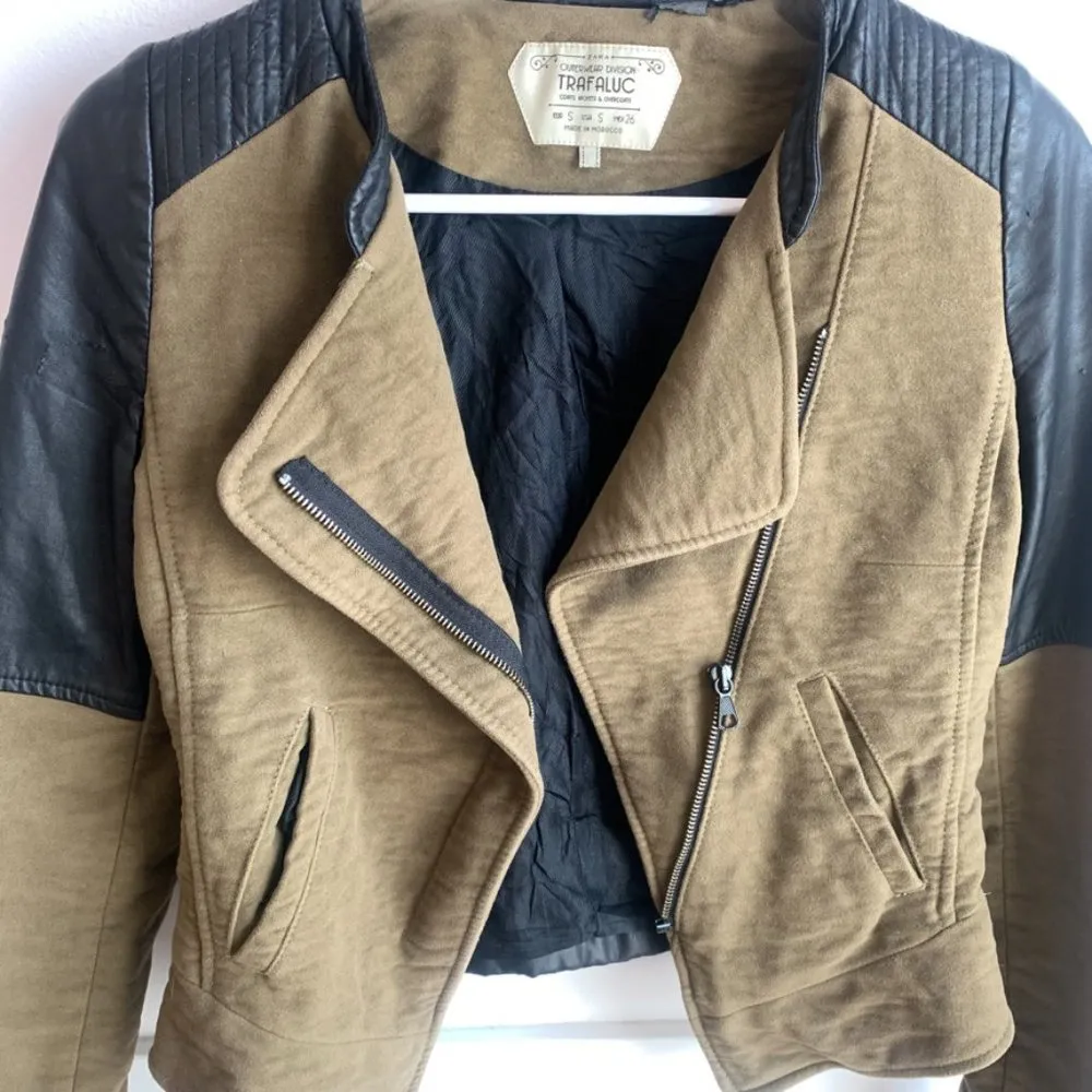 Zara Trafaluc Light Brown & Black Faux Leather Moto Jacket - Image 4