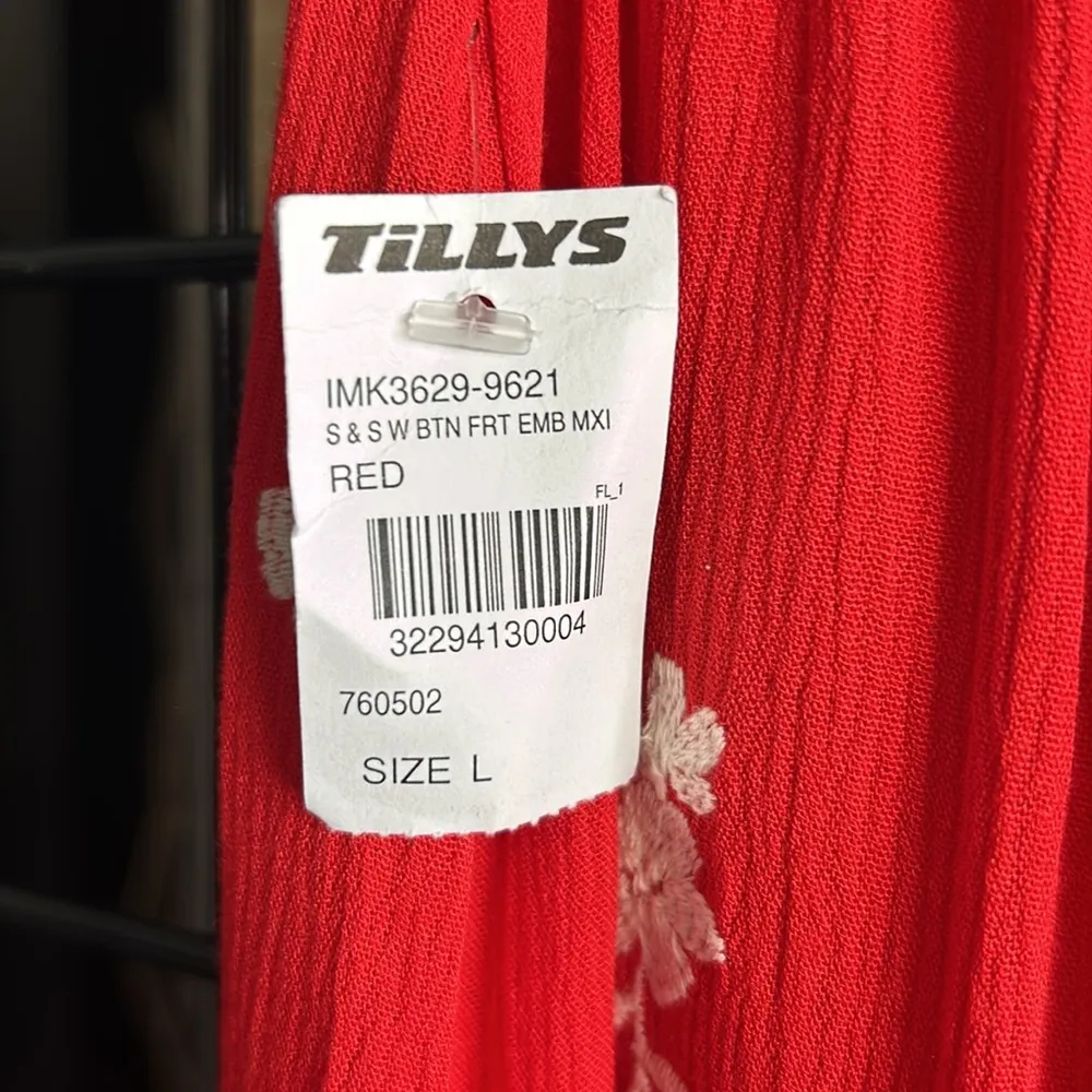 Sky And Sparrow  Women’s Maxi Skirt Size Large Red Embroidered White Flowers Boho - Image 7