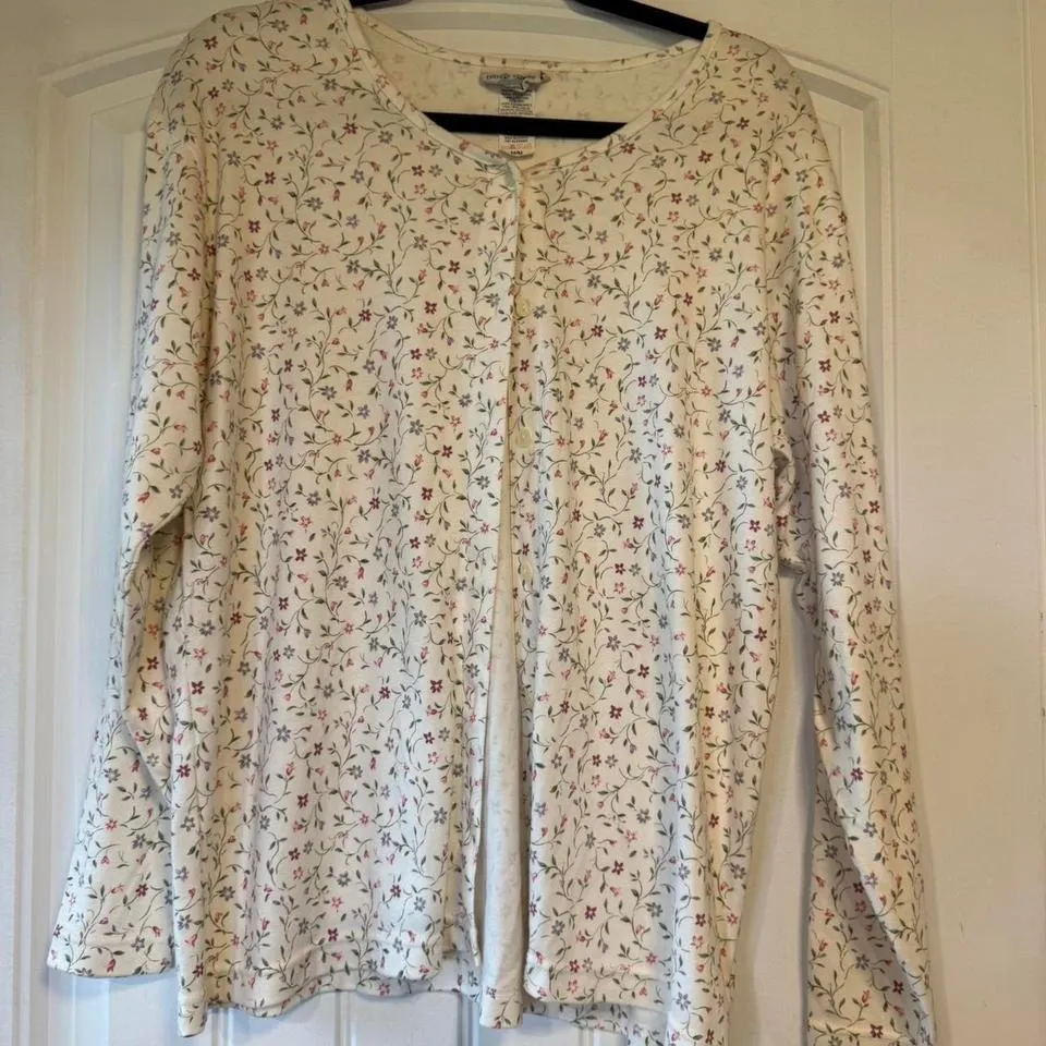 Cottage Essentials Floral Button Up Cardigan Top Cream Pink Blue Cottagecore M Size M - Image 3