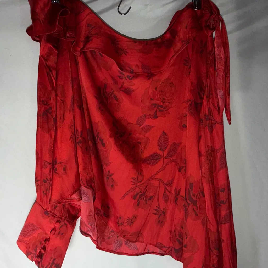 Free People These Nights Red Blouse with Floral  Detail One Shoulder Ruffle trim - Image 4