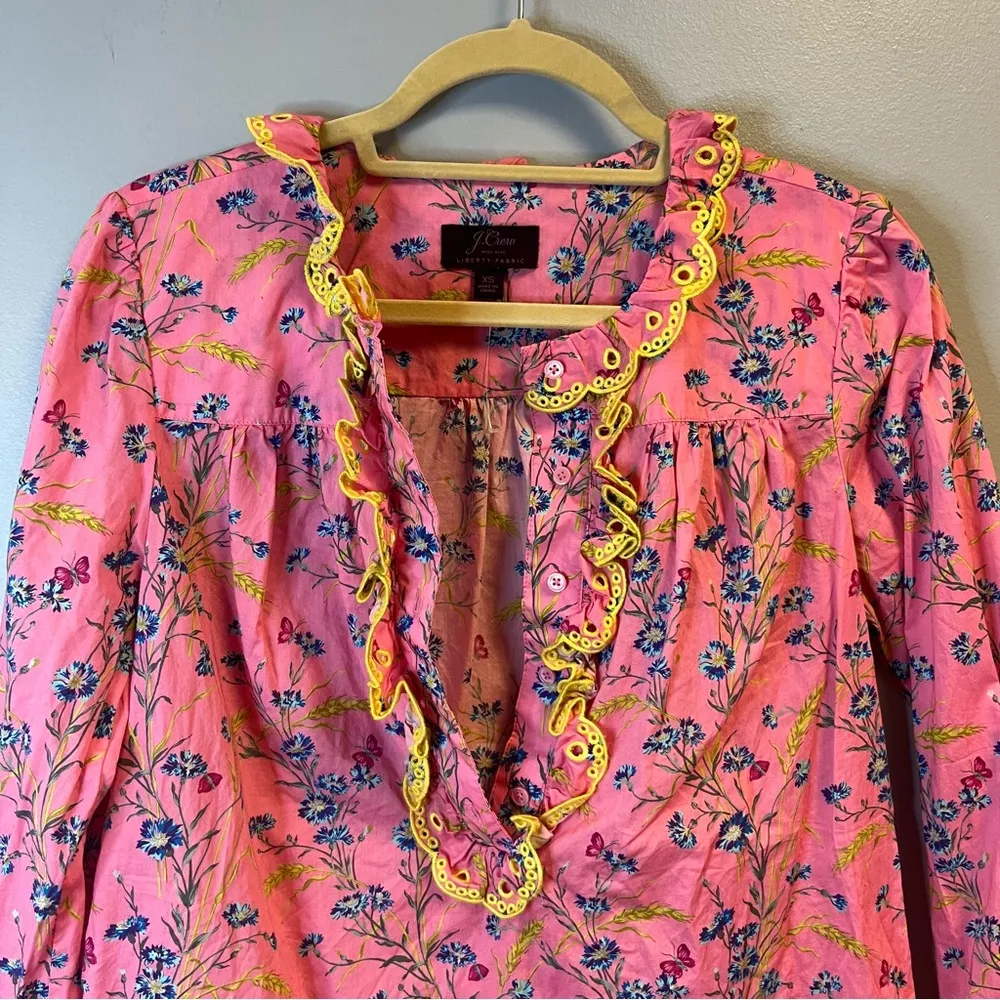 J Crew Poplin Ruffle Blouse in Pink Liberty Wheat Bouquet Floral Print Sz XS EUC - Image 7