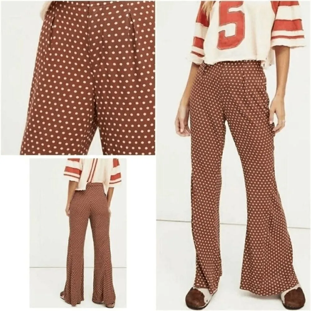 Free People Can't Take My Eyes Off Brown Polka Dot Wide Leg Flare Pants Large - Image 8
