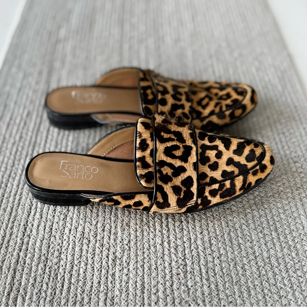 Franco Sarto Leopard Print Genuine Calf Hair Leather Loafer Mules Slides Sz 7 - Image 2