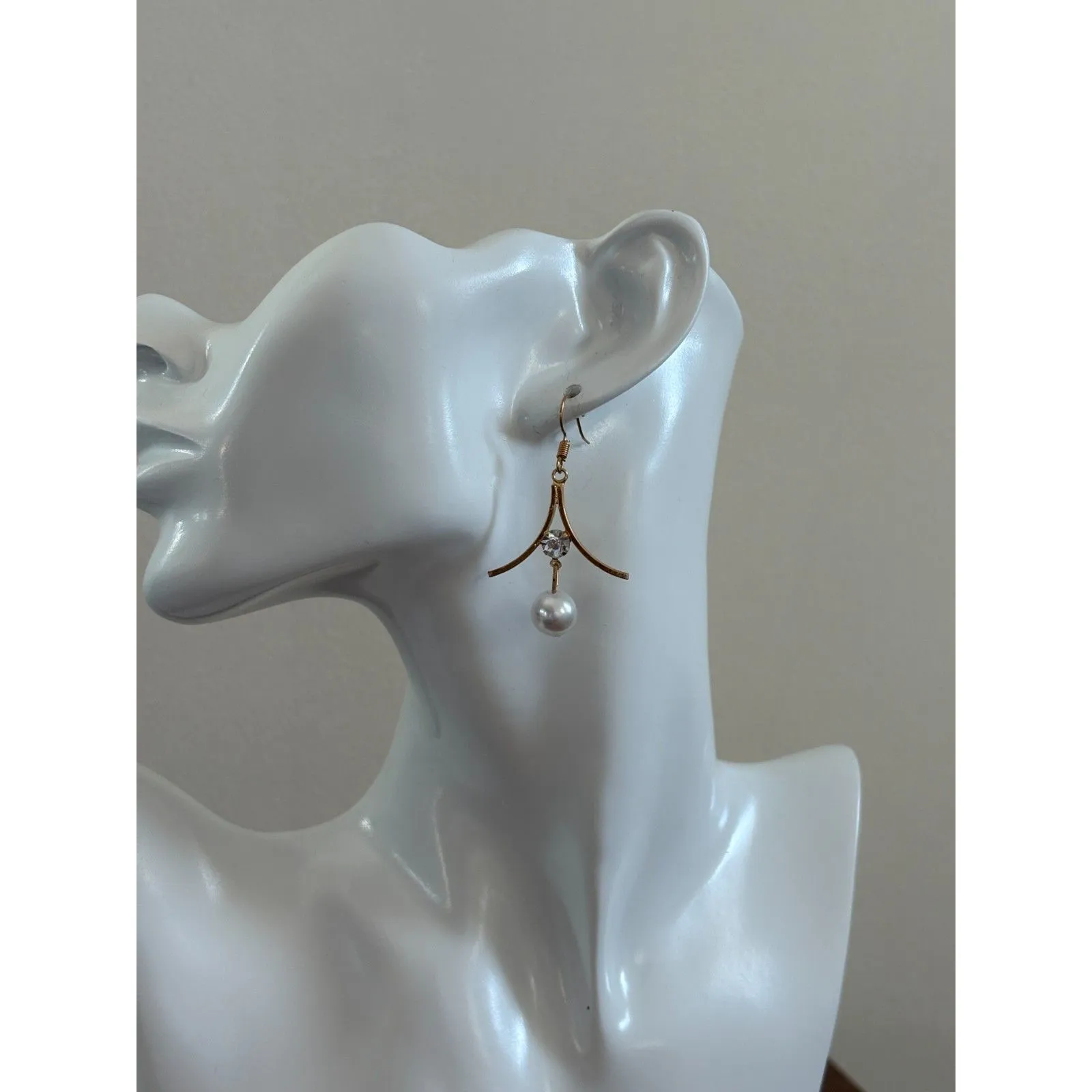 Gold & Faux Pearl Rhinestone Drop Earrings – NEW – 2" - Image 2