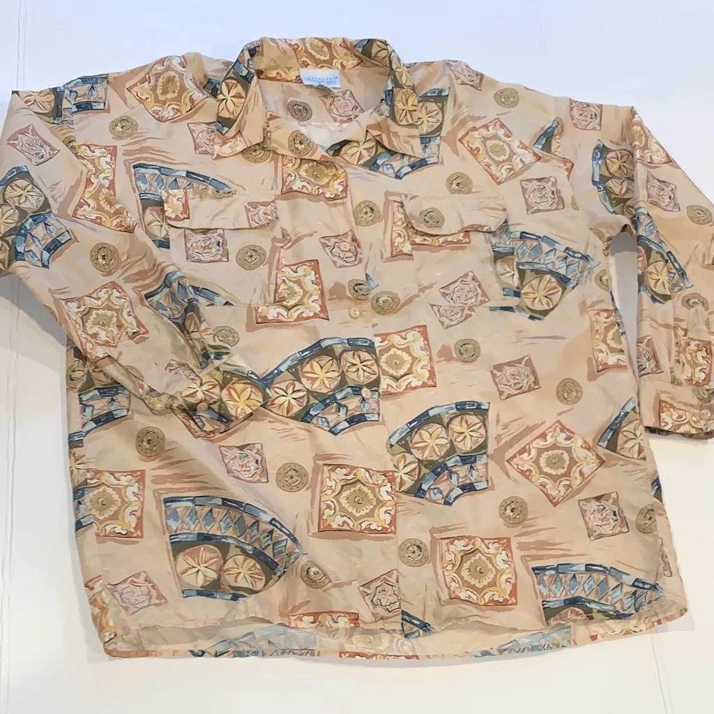 Vintage 60s Van Heusen for Her Beige Patterned Silk Button-Up Shirt Women’s XL - Image 3