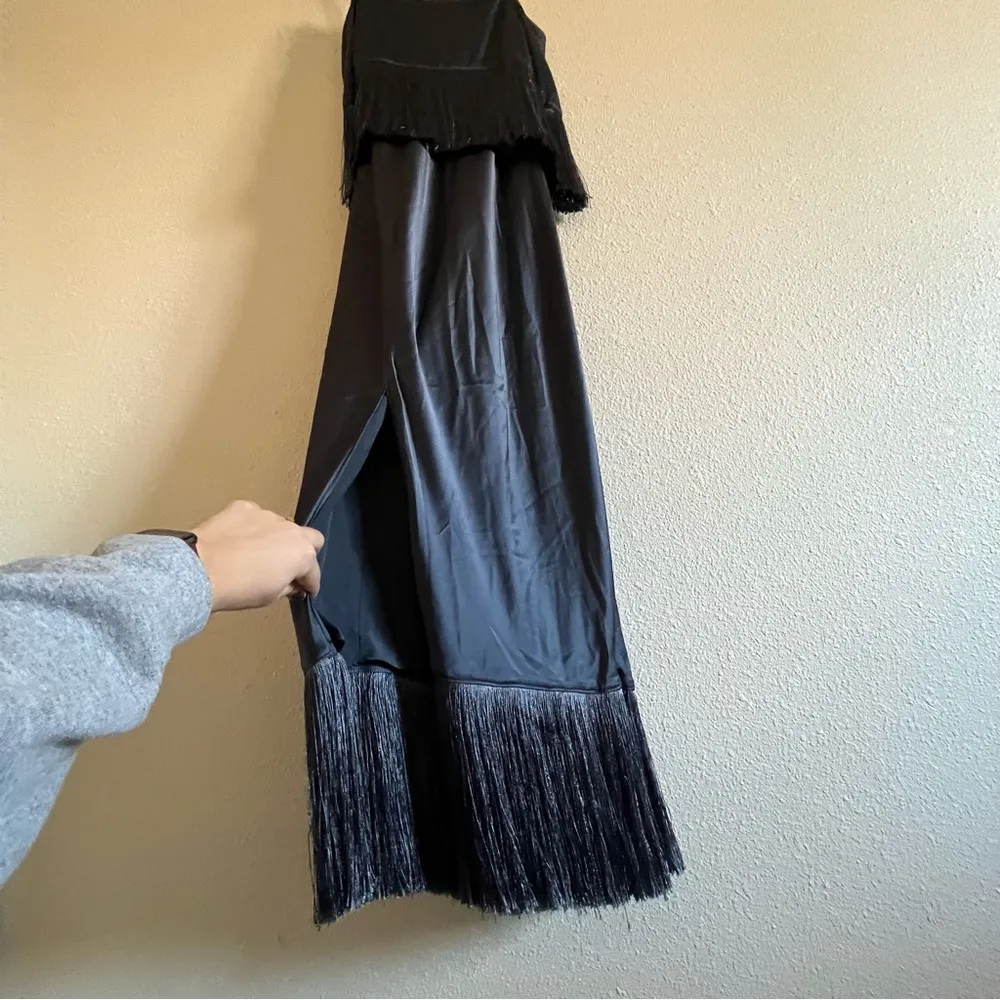 Cinq à Sept Eastwood Fringe Silk-Satin Midi Dress Square Neck Navy Blue Size 2 - Image 8