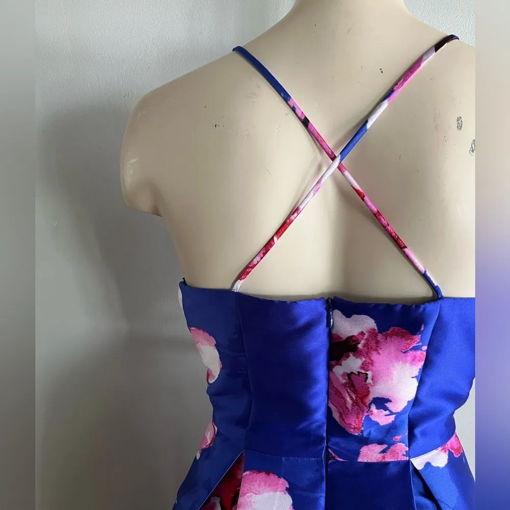 By & By Floral Satin Midi Dress Small Criss Cross Back Wedding Guest Cocktail Blue Size undefined - Image 10