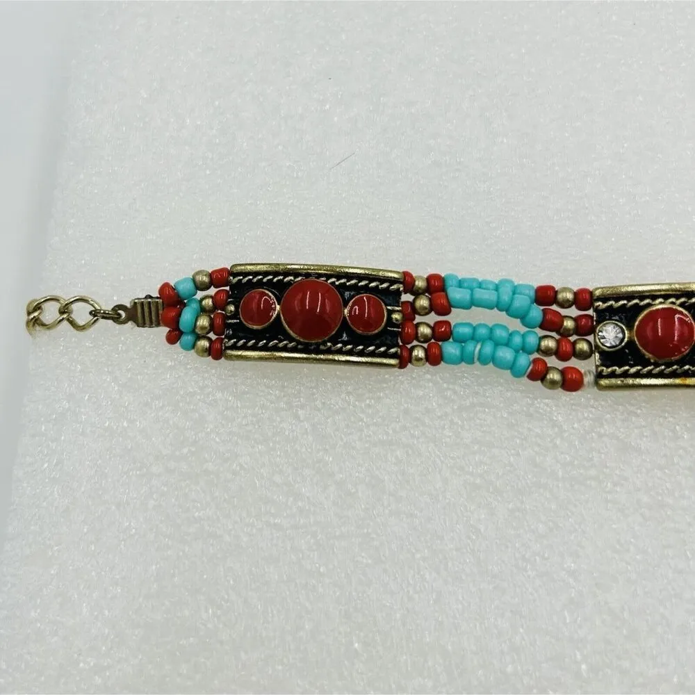 Ethnic Tibet Bracelet Faux Coral Faux Turquoise Gemstone Beaded Panels Gold - Image 4