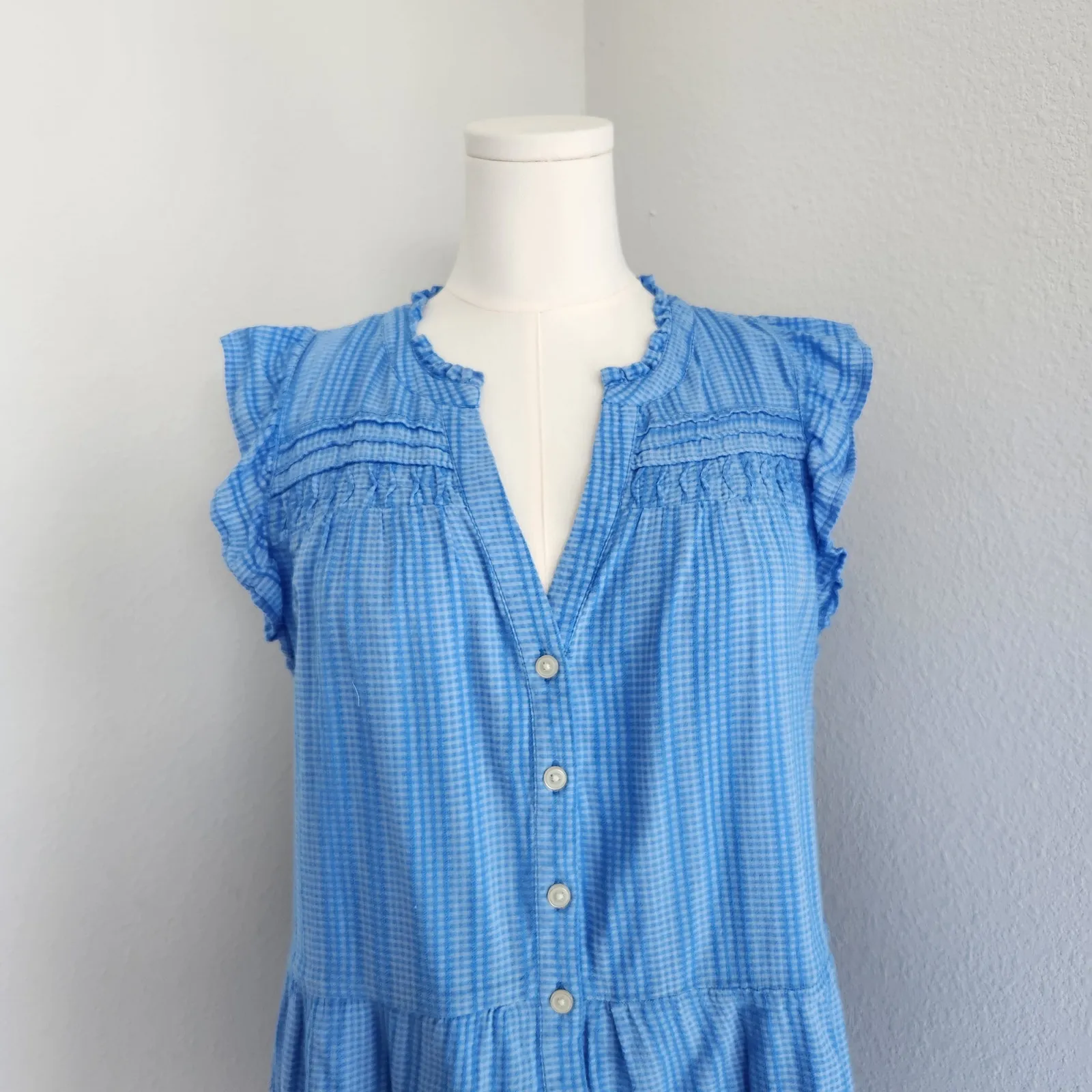 LOFT Blue Gingham Flutter Sleeve Tiered Button Down Summer Dress L - Image 2