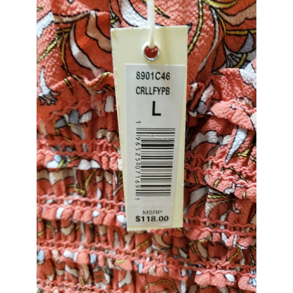 Max Studio Romper Women Large Orange Floral Smocked Waist Ruffle Trim V Neck - Image 6