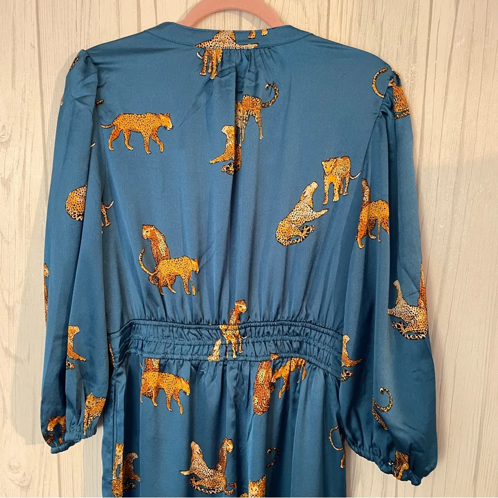 NWT UMGEE Teal Satin 3/4 Balloon Sleeve Wide Leg Tiger Print Jumpsuit, Large - Image 8