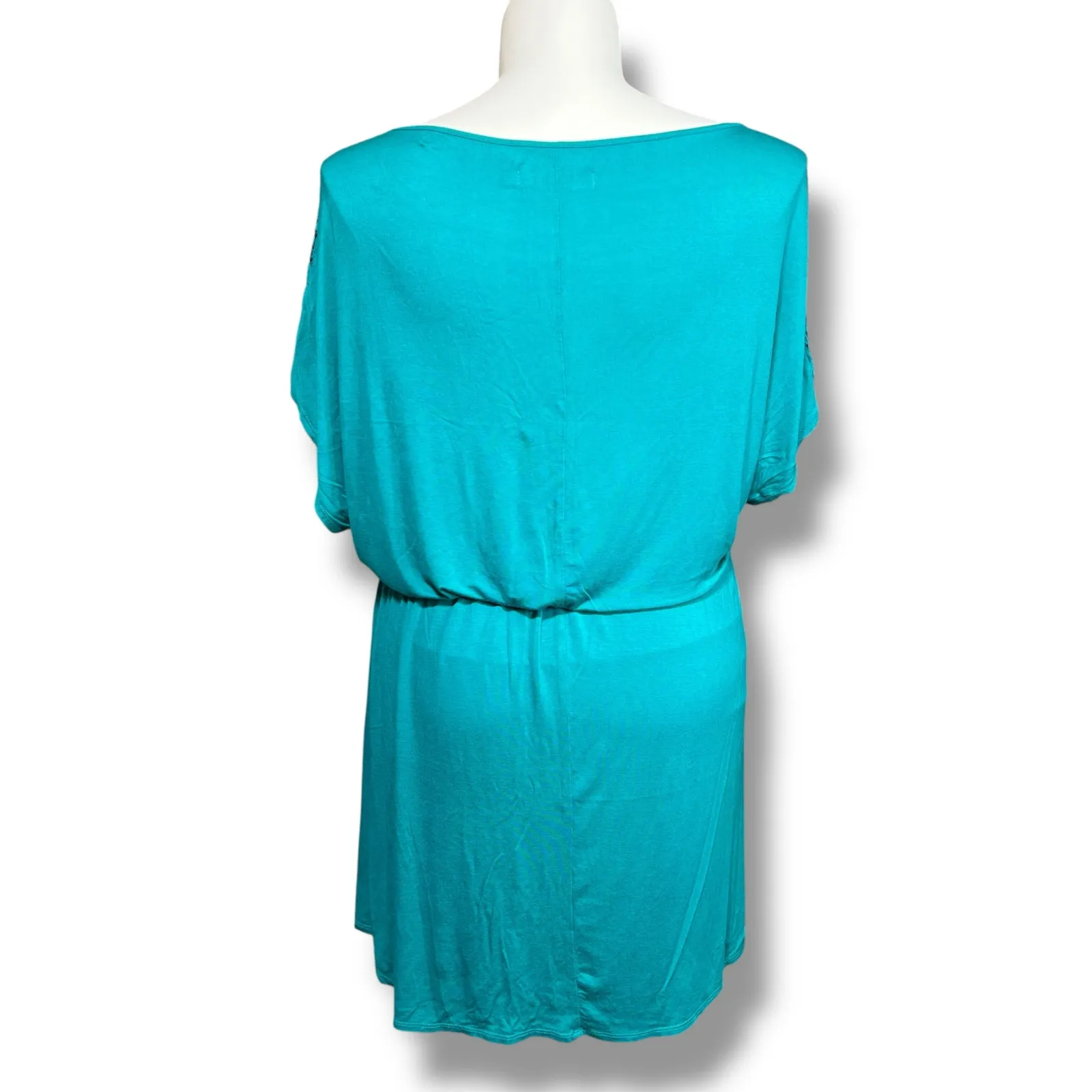 Justfab Womens Blouson Dress Sheer Lace Boat Neck Short Skirt Teal XL - Image 4