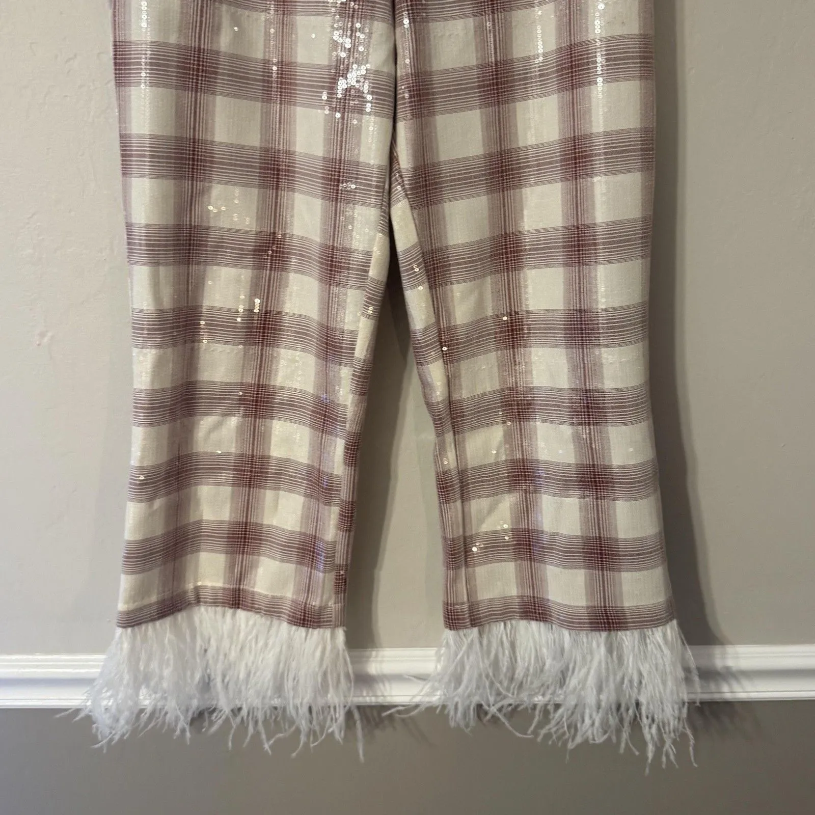 Eva Franco Pants Womens Medium White Plaid Sequin Feather Hem Cropped Pull On - Image 3