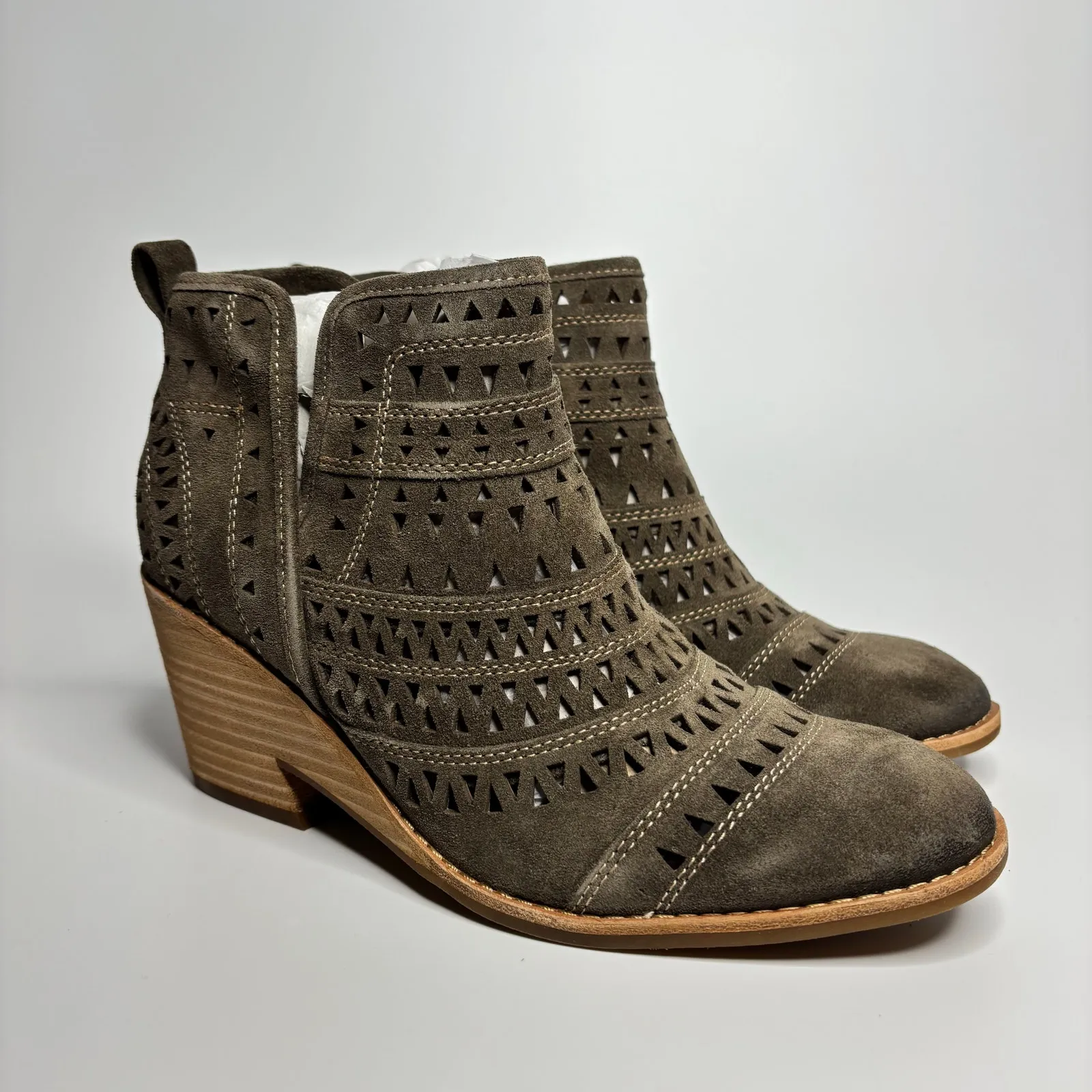 Sofft Sallie Perforated Suede Wedge Heeled Bootie in Taupe Brown Size 9 - Image 2