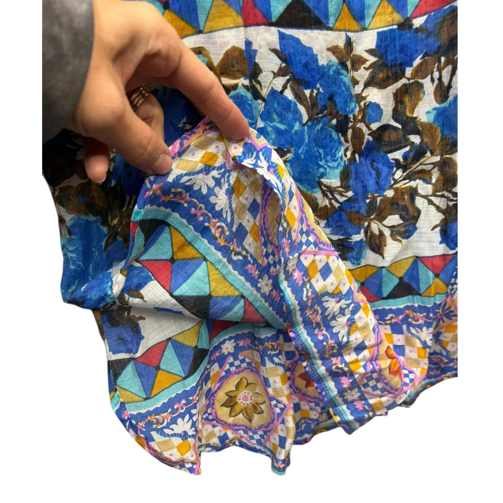 PEARLS By Aratta Los Angeles Women's Boho Floral Print V Neck Tunic Dress XL Blue - Image 8