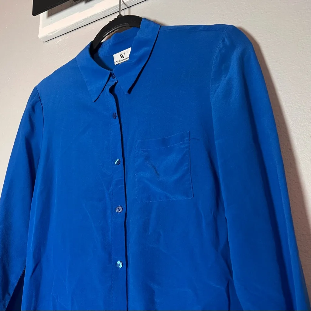 Worthington  Silk Button Up Blouse Royal Blue Long Sleeve Size Small Flaw - Image 2