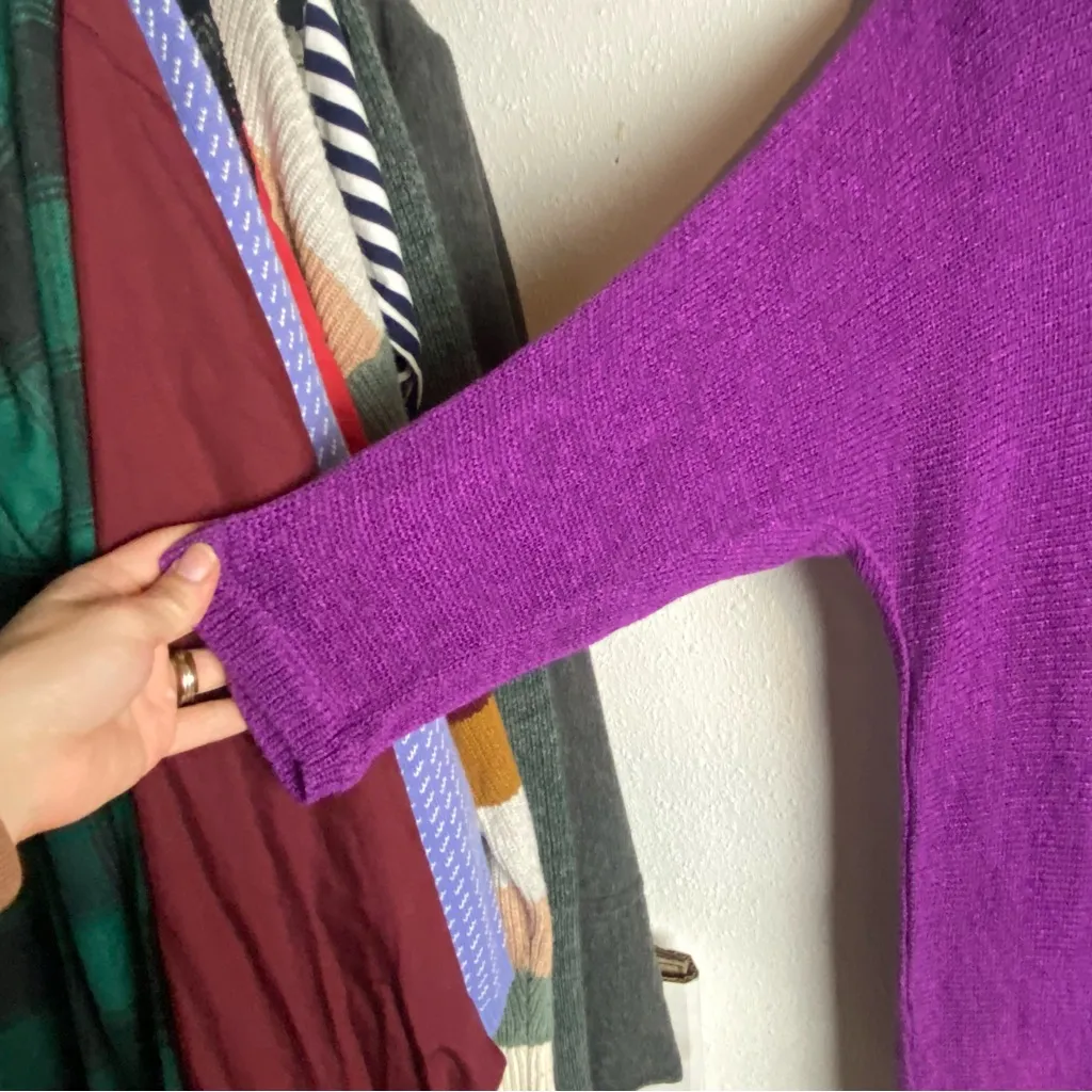 Chicos Size 2 Large Purple Knit Sweater Metalic 3/4 Sleeves Cut Out Back - Image 5