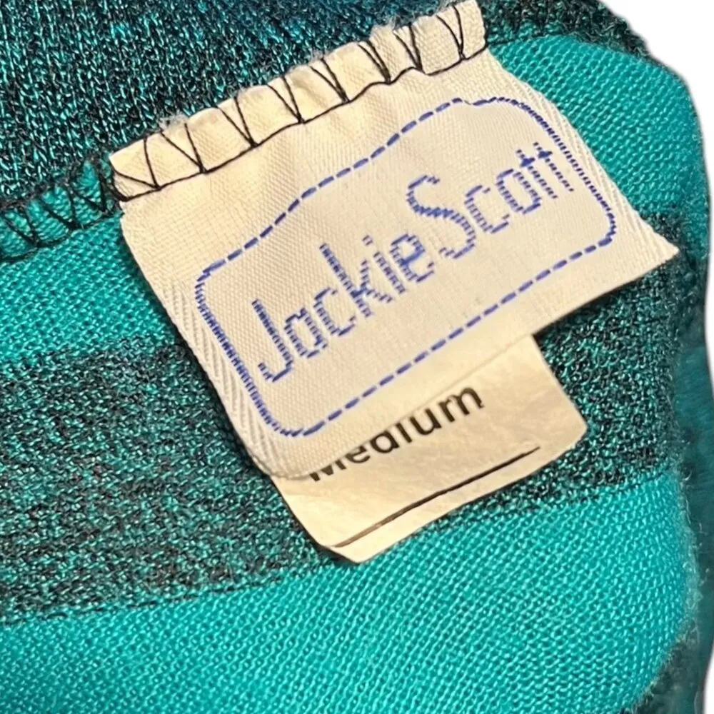 Y2K Jackie Scott Women's M Puff Sleeve Sweater Tee Teal Blue‎ Stripe Plunge Neck Blue Size M - Image 4